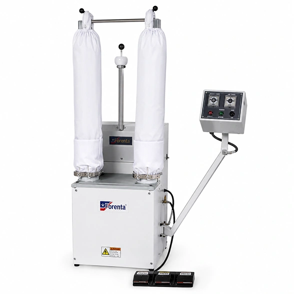 Forenta 77SASL sleeve press showing two cuff-clamped sleeve forms inflated with steam heated air, shoulder yoke tensioner, and steam/air timer control panel