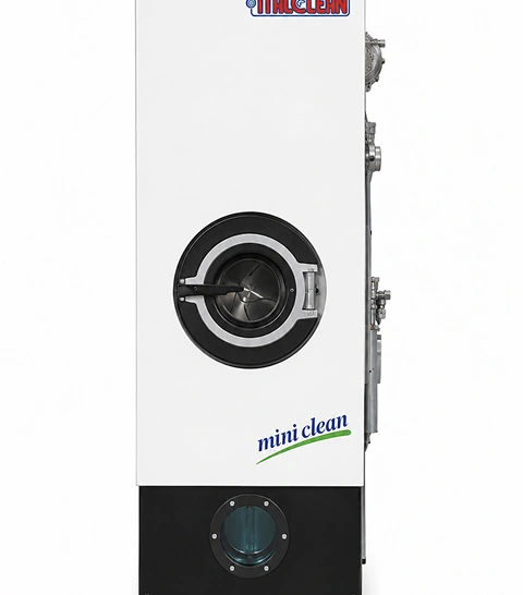 Italclean Mini Clean compact PERC dry cleaning machine front view showing white cabinet, circular drum door, and Italclean branding
