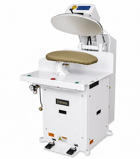 Forenta 191STMC scissor mushroom  topper press with oval mushroom buck, white pedestal  cabinet and water spray hanger, front view