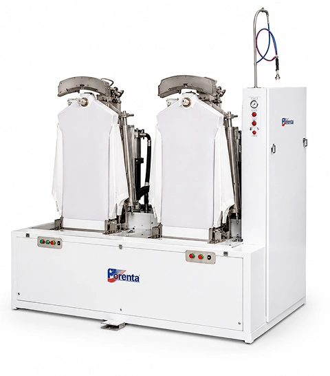 Forenta 620DBV double buck shirt  press with contoured heads, white cabinet, two shirt  bucks in position, front view