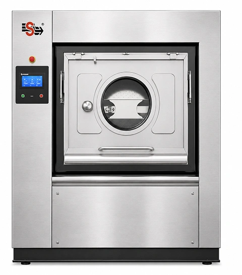 Supershine SBW 60 barrier type washer  extractor, 60 kg capacity, stainless steel cabinet with  touch control panel and circular door, front view