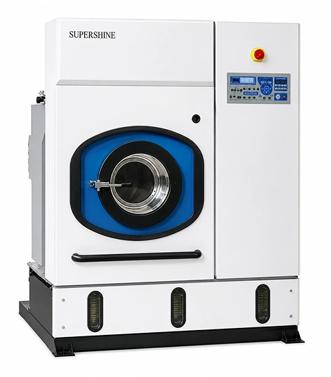 Supershine SDC-P/8 PERC dry cleaning machine front view with blue drum door, white cabinet, and LCD control panel