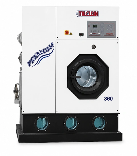 Italclean Premium 300 PERC dry cleaning machine front view with white cabinet, octagonal drum door, and digital control panel
