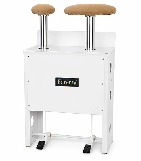 Forenta 25PS double puff iron  with two steam bucks on white cabinet base, foot  pedals, front view