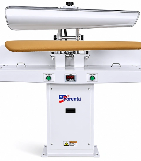 Forenta 4224 VLB/VLT two-button  activated large laundry press with double legger  buck, white cabinet and two-hand safety buttons,  front view