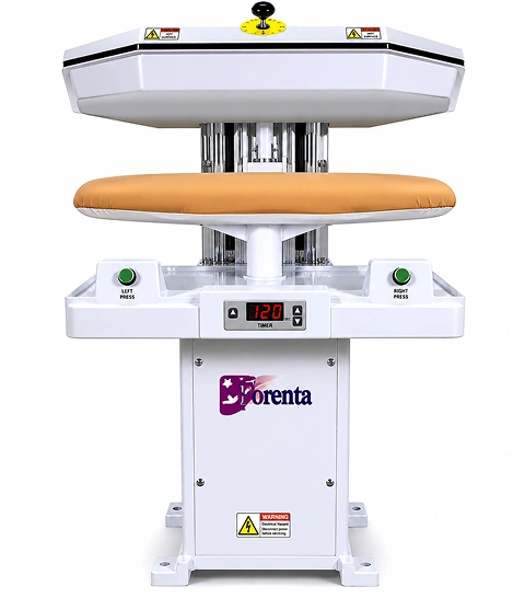 Forenta 19 VSB/VST two-button activated  laundry press with mushroom topper buck, white pedestal  cabinet and two-hand control buttons, front view