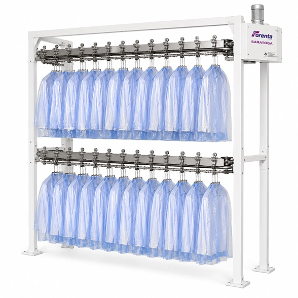 Forenta Saratoga Mini-Max showing double-level stainless steel track, aluminium yoke hangers, and upper and lower garment hanging rails