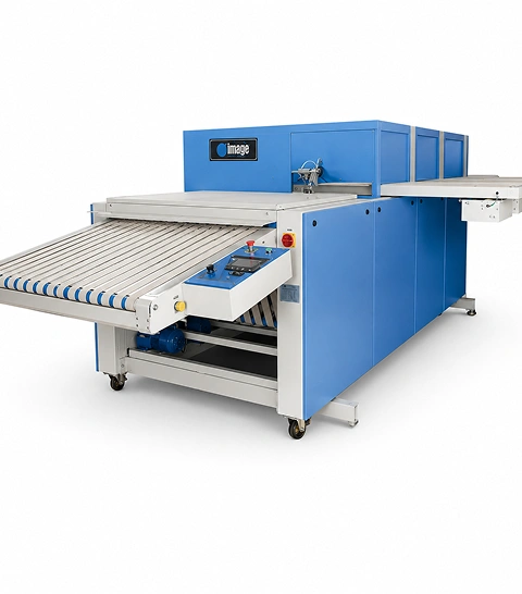 Image STF automatic towel folder and  stacker with blue steel cabinet, belt conveyor input  section and stacking output, front view