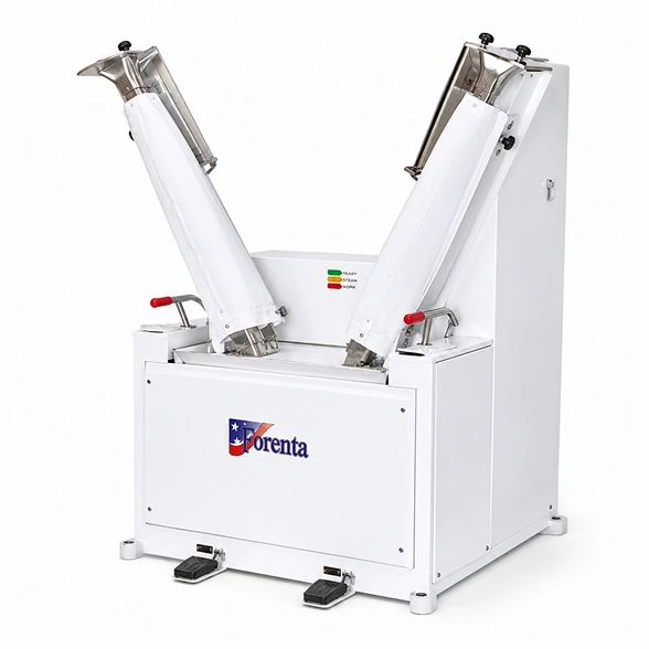 Forenta 905HSA sleeve press showing contoured pressing heads, inflatable air bag bucks, and foot activation controls