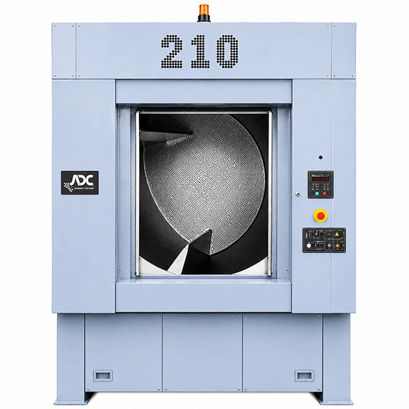 ADC AD-210 industrial dryer showing 62-inch tumbler, lint drawer, and heavy-duty drive system, 200 lb capacity