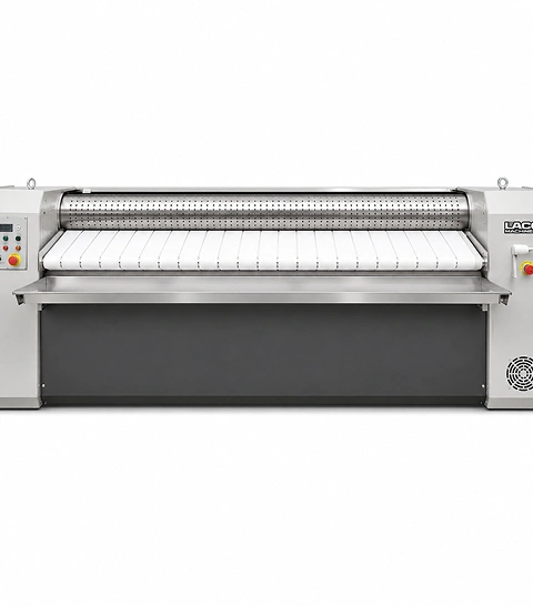 LACO D1202 dual-roll 48-inch chest  industrial flatwork ironer with two 1200 mm rolls,  PLC touch screen, and wide stainless steel feeding  system, front view