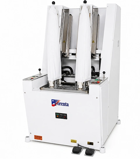 Forenta 910SAB cabinet sleeve  press with flat heads, white cabinet, two upright  sleeve bucks in pressing position, front view