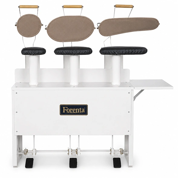 Forenta 33PS triple puffer showing three buck stations with mushroom and shoulder bucks, vacuum connections, and foot pedal controls