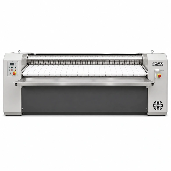 LACO D1202 flatwork ironer showing two 1200 mm rolls, flexible laser-welded beds, adjustable heating per roll, and ergonomic feeding configuration