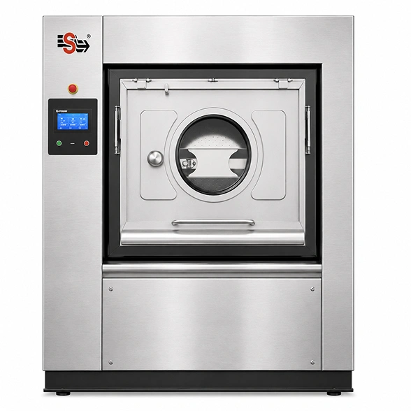 Supershine SBW 60 barrier washer extractor showing 1065 mm cylinder diameter, touch control panel, and softmount base, 60 kg healthcare laundry machine