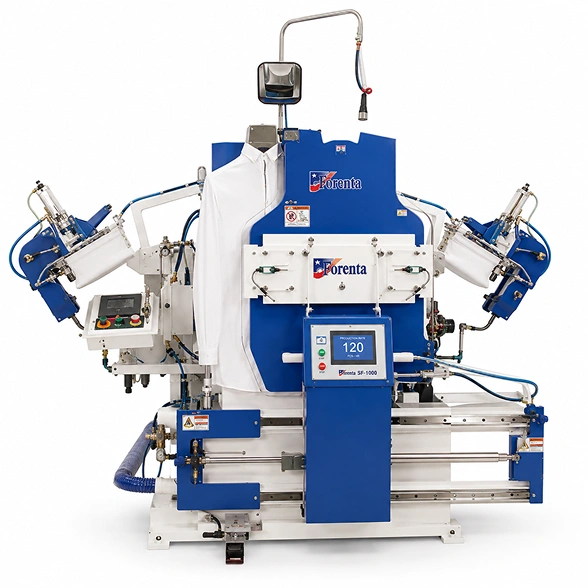 Forenta 822SBSP shirt press showing sleeve pleater arms, vacuum buck, colour touch screen control panel, and super-heated air yoke finisher