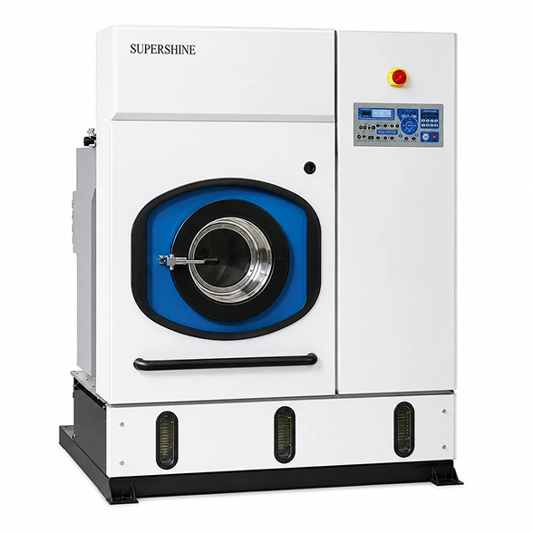 Supershine SDC-P/8 PERC dry cleaning machine showing full cabinet height, control panel, and front-loading drum door