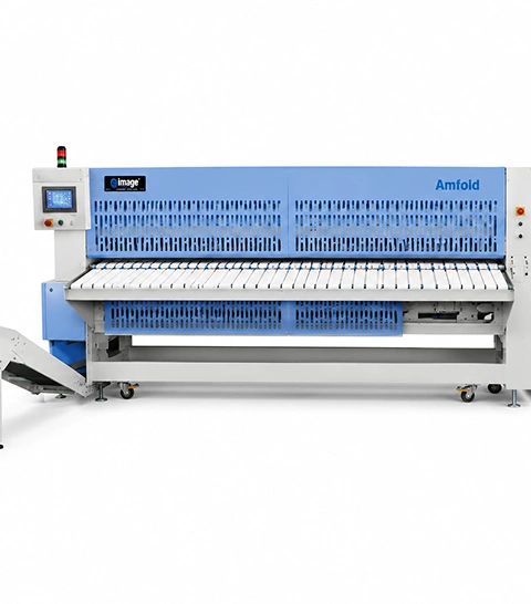 Image Automatic Single Lane Folder automatic flatwork  folder with Amstack-D stacker, blue and grey industrial  cabinet with touch screen panel and stacking output  section, front view