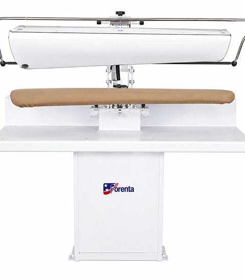 Forenta 54 VLB/VLT bar-activated large  laundry press with linen-flatwork buck, white cabinet  and bar activation handle, front view