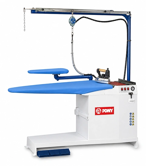 Pony Genus-S vacuum and blowing ironing table front view showing large blue padded board, white cabinet, steam iron, and blue frame arm