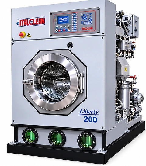 Italclean Liberty 160 multisolvent dry cleaning machine front view showing light grey cabinet, octagonal drum door, and control panel