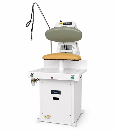 Forenta 191SUMHC hot head utility  mushroom press for silks, oval buck with two-hand  controls, white cabinet and water spray hanger,  front view