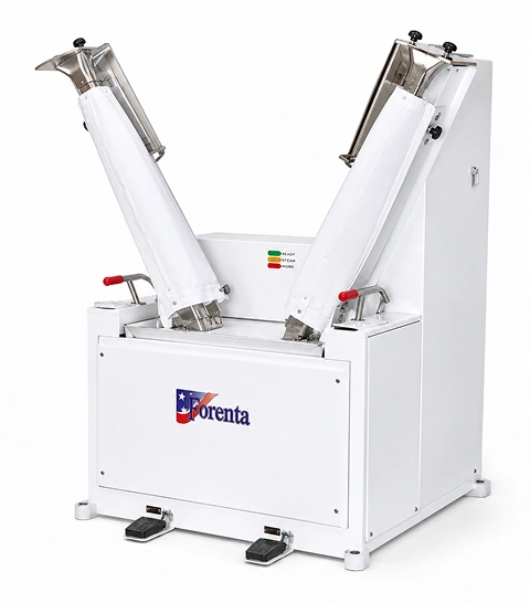 Forenta 905HSA cabinet sleeve  press with contoured heads, white cabinet, two  sleeve bucks raised in pressing position, front view