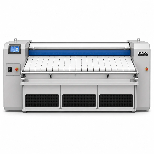 LACO D370 chest ironer showing flexible laser-welded bed, hydraulic pressure system, and scraper detail for mark-free ironing