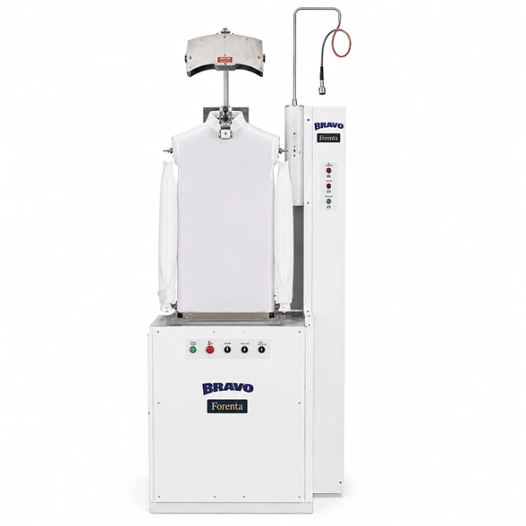 Forenta 610SBV Bravo shirt press showing heated buck, pre-inflation side air bags, vacuum hold-down system, and taller head configuration for large shirt sizes