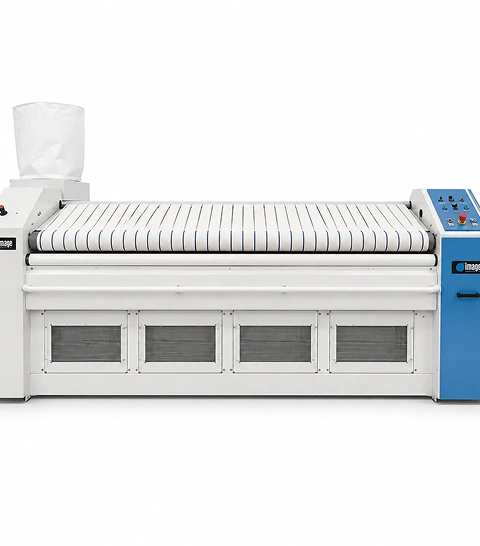 Image Amfeed-S manual flatwork  feeder with suction feeding belts, blue and grey  cabinet, and multilane small piece feeding section,  front view