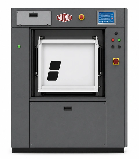 Milnor MWB45Z aseptic barrier washer  extractor, 100 lb capacity, grey steel cabinet with MilTouch  control panel and barrier door system, front view
