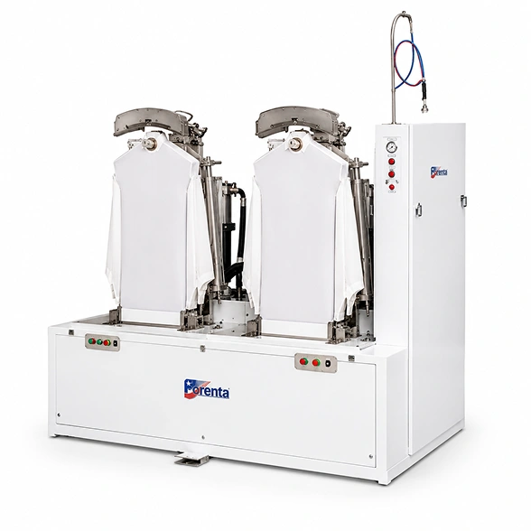 Forenta 620DBV double buck shirt press showing contoured pressing heads, dual vacuum bucks, and water spray hanger