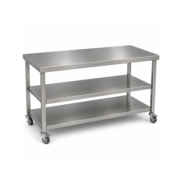 Supershine stainless steel mobile work table with under shelves and braked castors