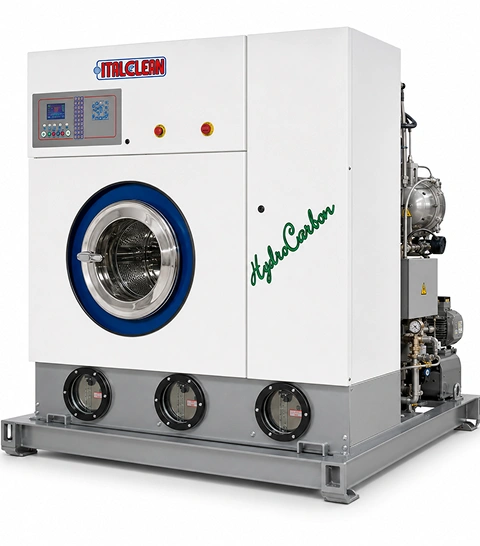 Italclean DryTech 360 large hydrocarbon dry cleaning machine front three-quarter view with white cabinet and circular drum door