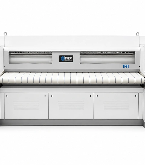 Image IRI-1600x3000 industrial deep  chest flatwork ironer, largest 1600 mm chest in the IRI  range, 3000 mm working width, front view with feeding  conveyo