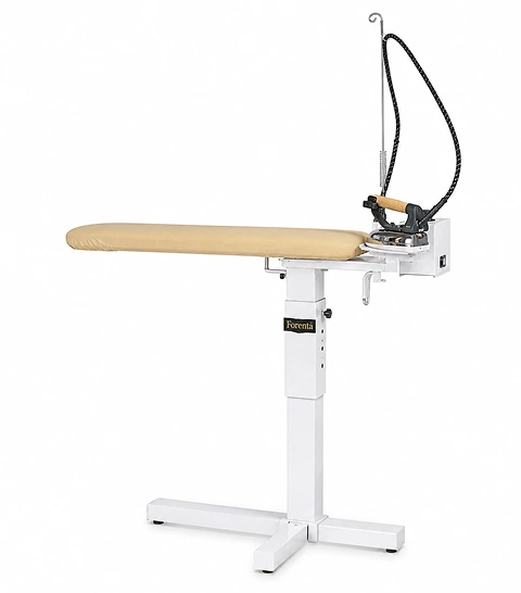 Forenta 8TBS all-steam touch-up  board with heated buck, adjustable white pedestal  stand and all-steam iron attachment, front view