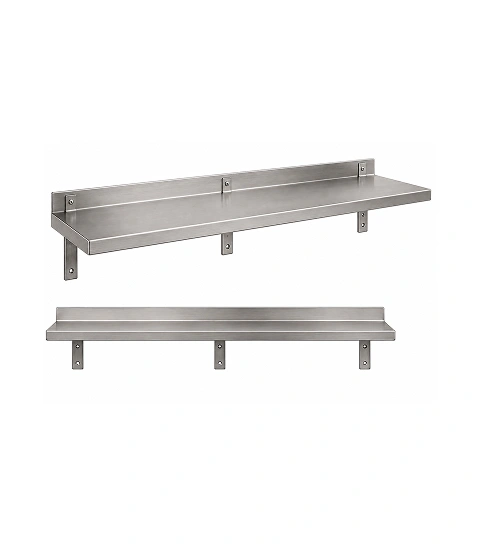 Supershine 18 SWG SS 304 wall shelf with raised edges and flat brackets for industrial laundry storage