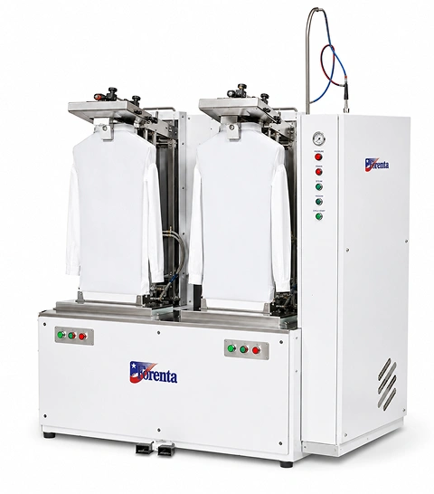 Forenta 802DBV double buck shirt  press with flat heads, large white cabinet with two  shirt bucks and water spray hanger, front view