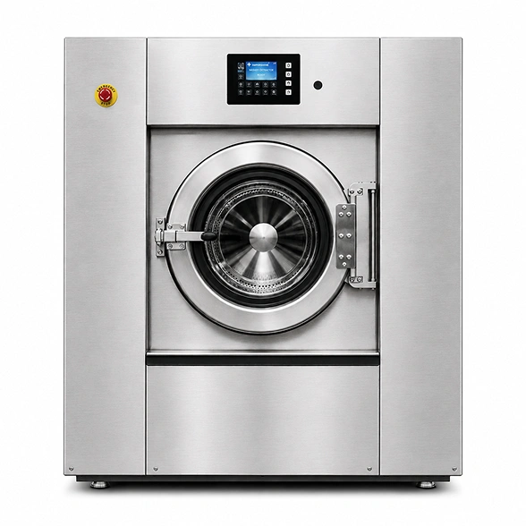Supershine SBW 110 barrier washer extractor showing 1200 mm basket, pass-through door, and control panel, 110 kg healthcare laundry machine