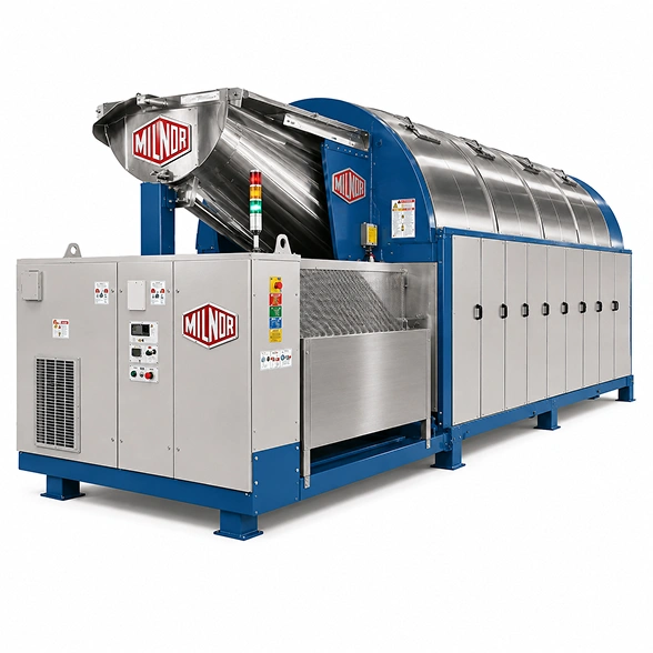 Milnor PBW 76039 PulseFlow CBW washer showing extended drum depth, inverter pump assembly, and Mentor control interface