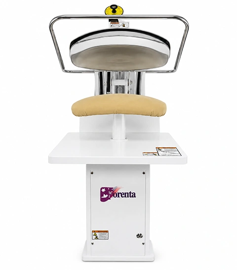 Forenta 32VSB/VST bar-activated laundry  press with bantam body buck for shirt finishing, white  pedestal cabinet, front view
