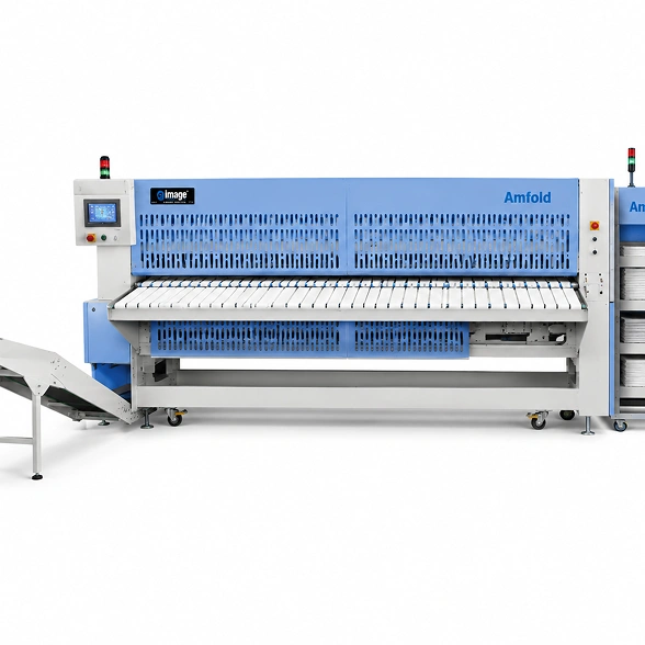 Image Automatic Single Lane Folder showing timing belt cross fold section, PLC touch screen control panel, and Amstack-D automatic stacking unit