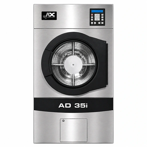 ADC AD-35i OPL dryer showing 21-inch door opening, reversing basket, and IMC control panel, 35 lb industrial laundry dryer