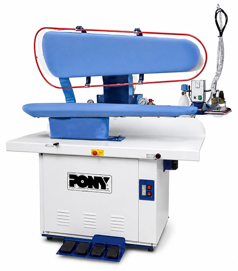 Pony CP/U Colox Press finishing press front view showing white cabinet, blue padded universal buck, raised upper head, and pedal controls