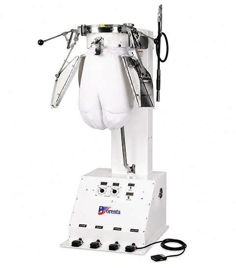 Forenta 222BTAC semi-automatic  pants topper with manual pleat shoes, white  industrial stand, automatic waist expander, and  control panel, front view