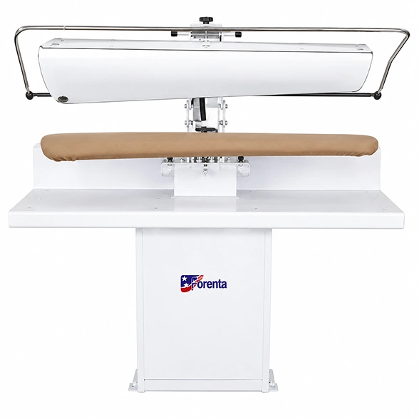 Forenta 51VLB/VLT bar-activated press showing utility buck dimensions, bar handle, and steam supply connections