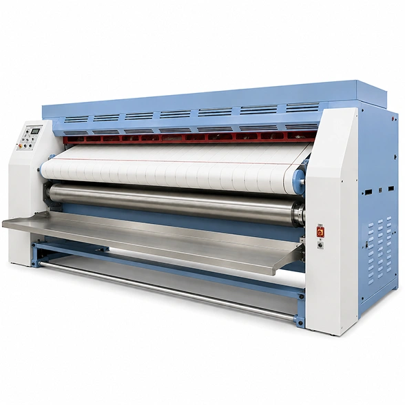 Image IRP-18x120 flatwork ironer showing 3000 mm working width, control panel end, and front unloading tray