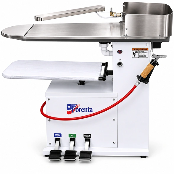 Forenta 44SP spotting board showing stainless steel work surface, swivelling fabric catch rack extended, steam gun, and foot pedal steam, air, and vacuum controls