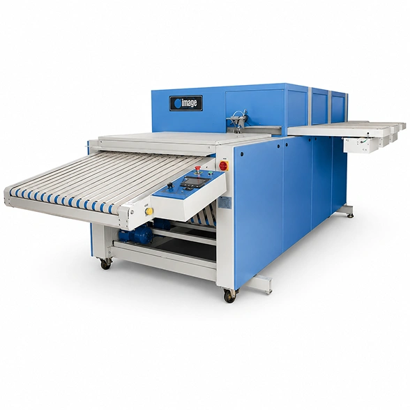 Image STF towel folding and stacking machine showing belt reverse fold conveyor, cross fold section, and multi-stack output trays