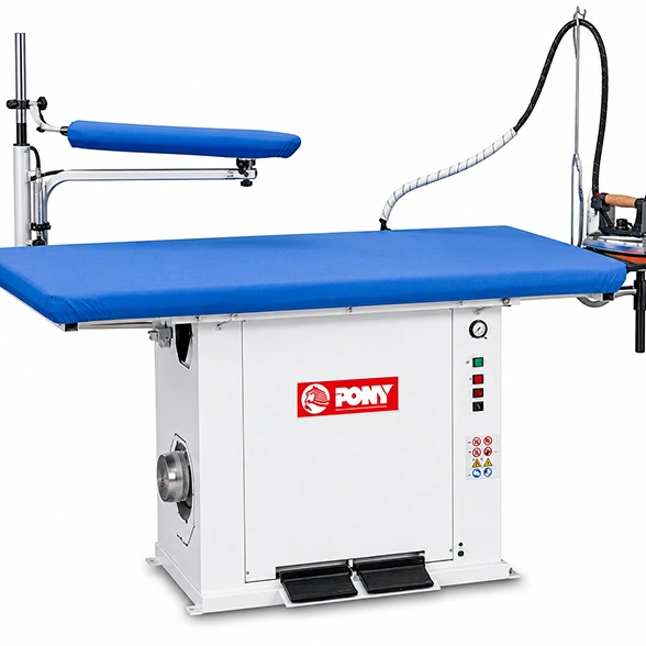 Pony SAS vacuum and blowing ironing table showing full table length, Pony branded pedestal cabinet, iron holder arm, and steam hose